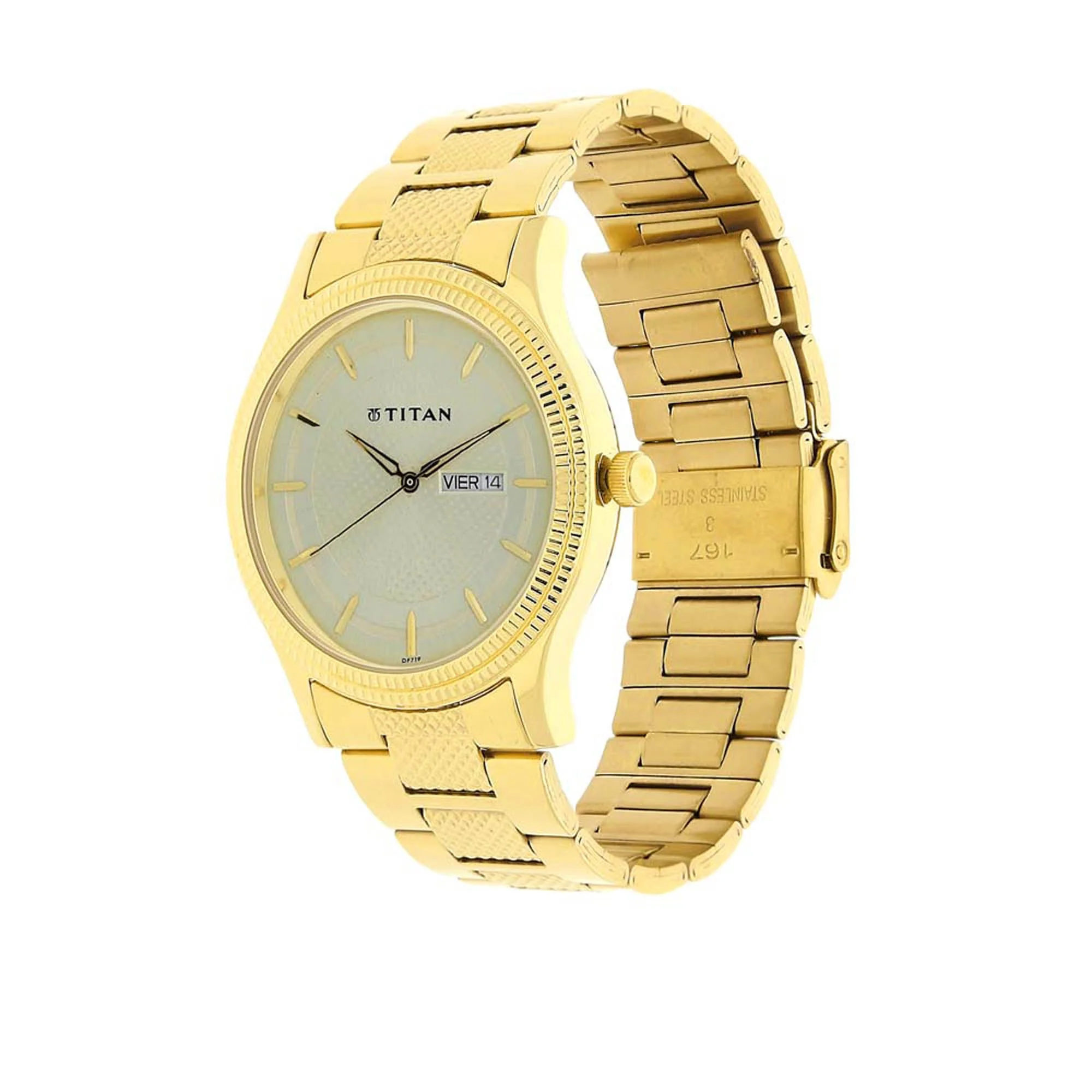 Titan Analog with Day and Date Quartz Champagne Dial Metal Round Stainless Steel Strap watch for Men - Image 3