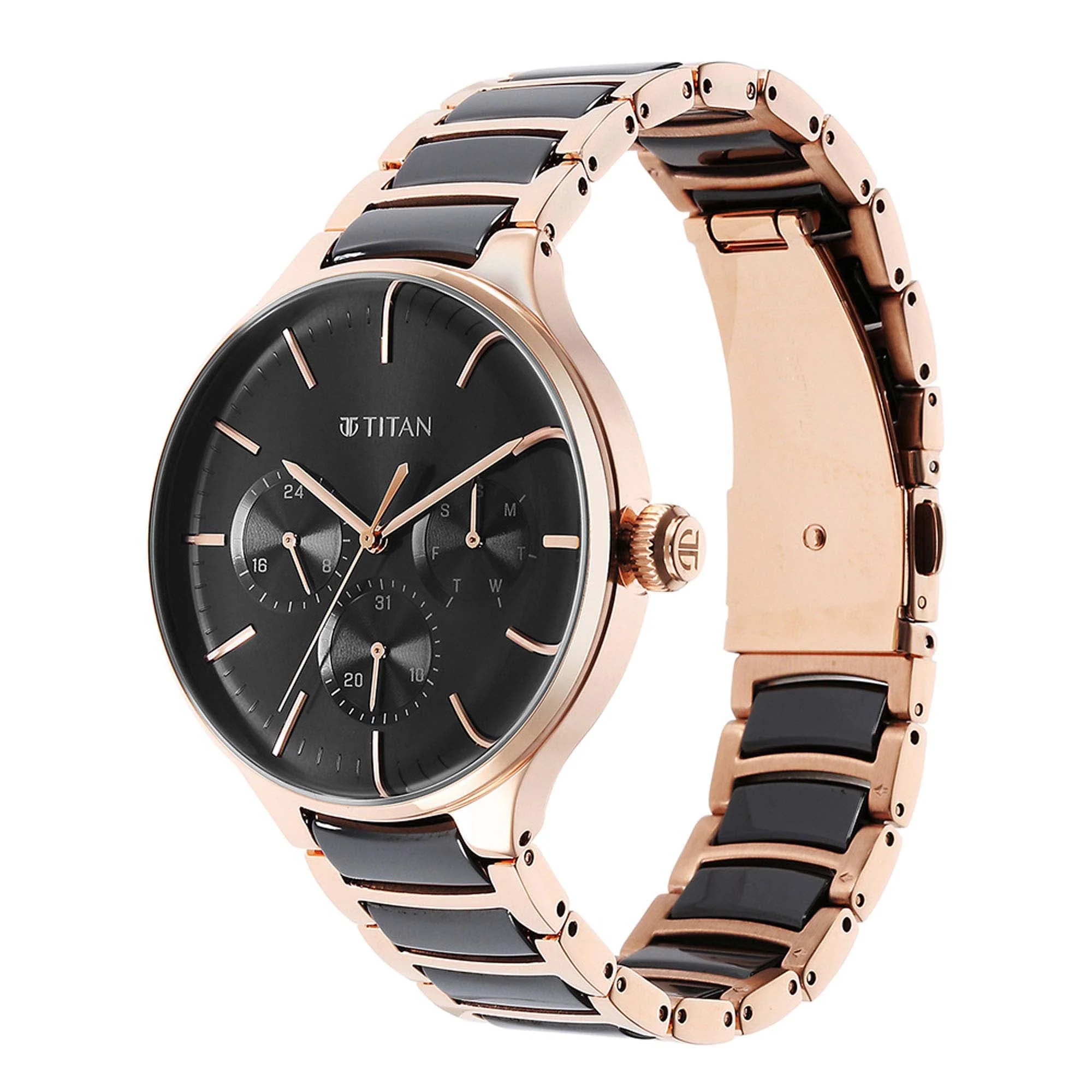 Titan Ceramic Fusion Quartz Multifunction Black Dial Rose Gold Dual-Toned Stainless Steel Bracelet Watch for Men - Image 3