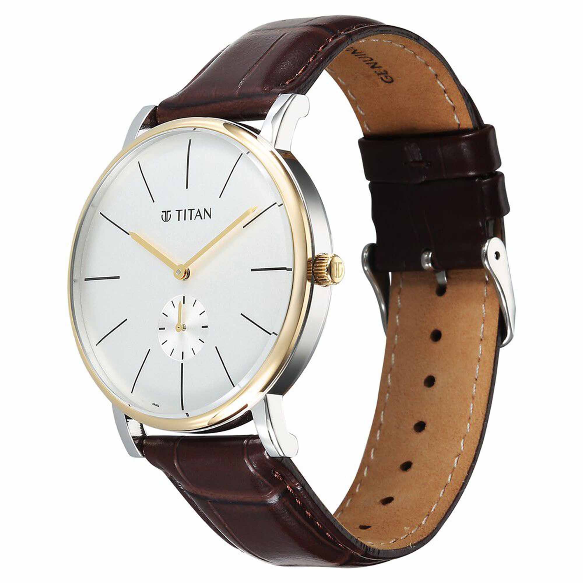 Titan Elegance Analog with Small Second and White Dial Brown Leather Strap Watch for Men - Image 3