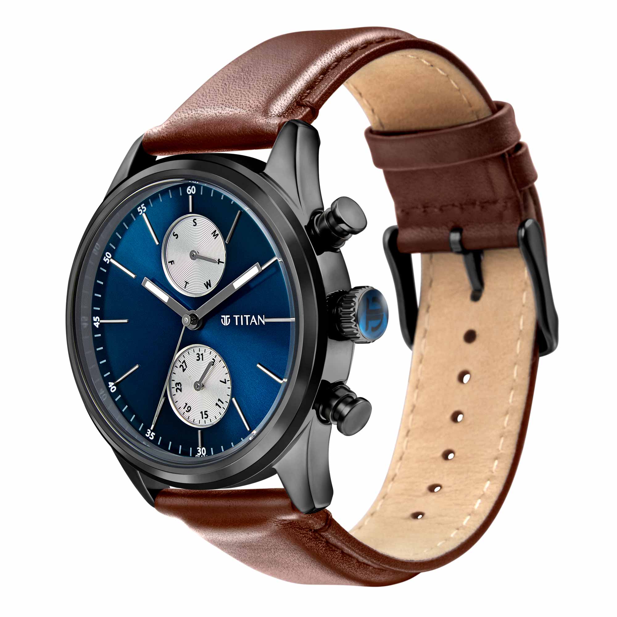 Titan Blue Dial Brown Leather Strap Multifunction Watch for Men - Image 3