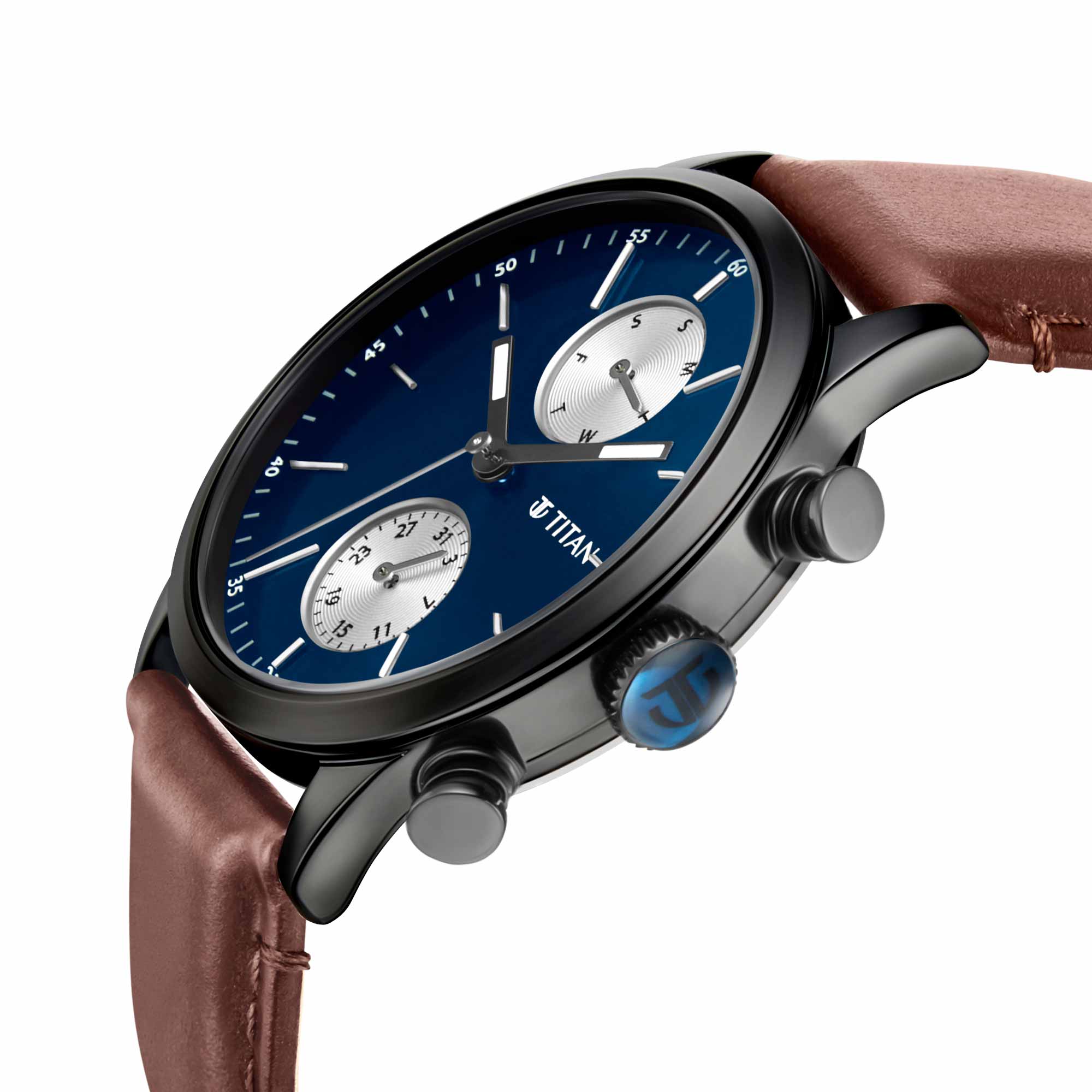 Titan Blue Dial Brown Leather Strap Multifunction Watch for Men - Image 4