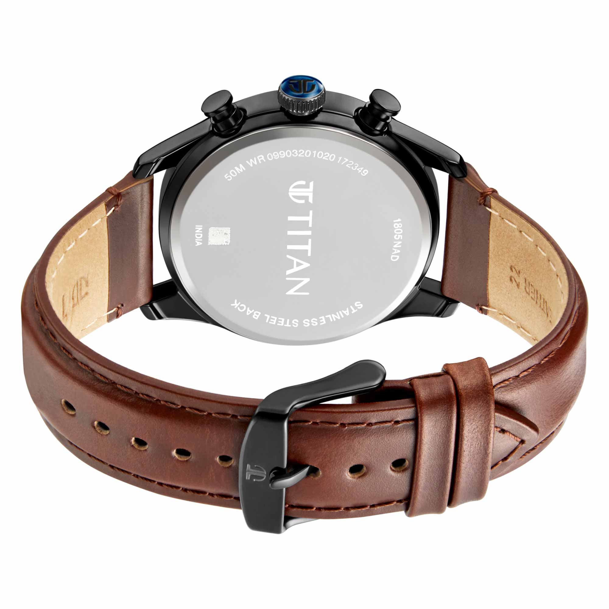 Titan Blue Dial Brown Leather Strap Multifunction Watch for Men - Image 5
