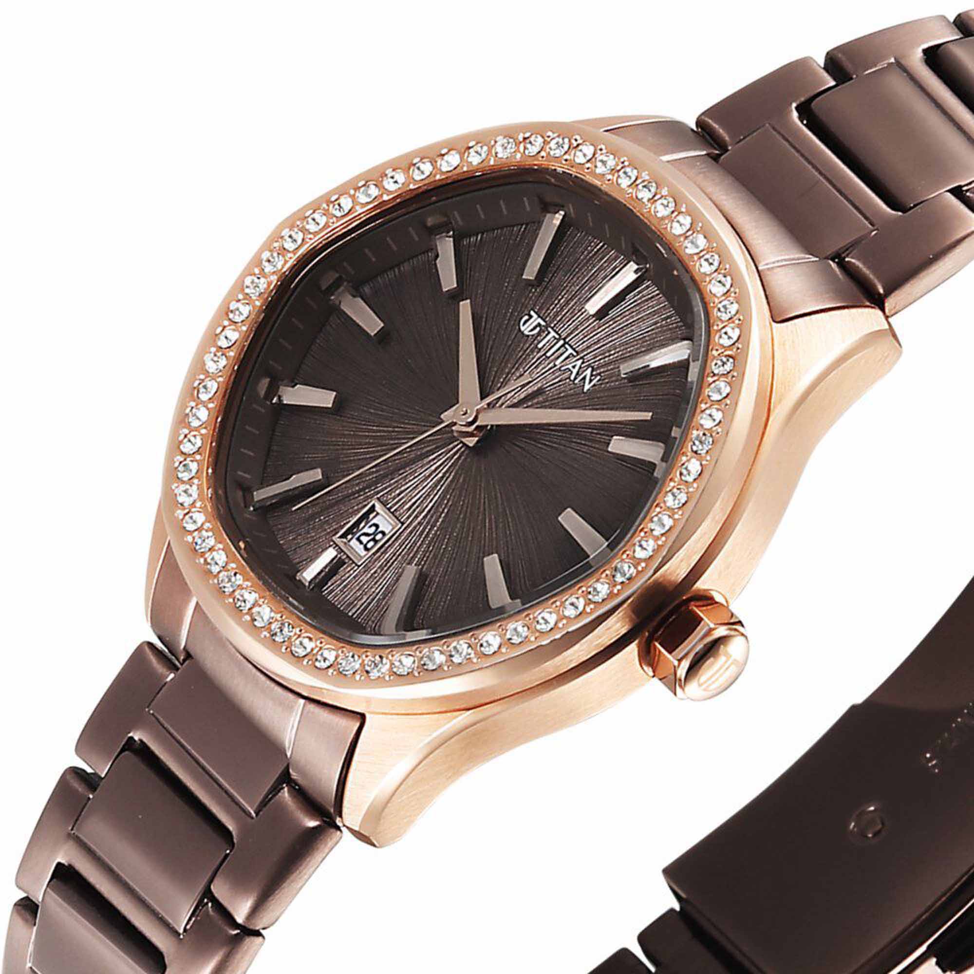 Titan Glamour Quartz Analog with Date Brown Dial Brown Stainless Steel Strap Watch For Women - Image 4