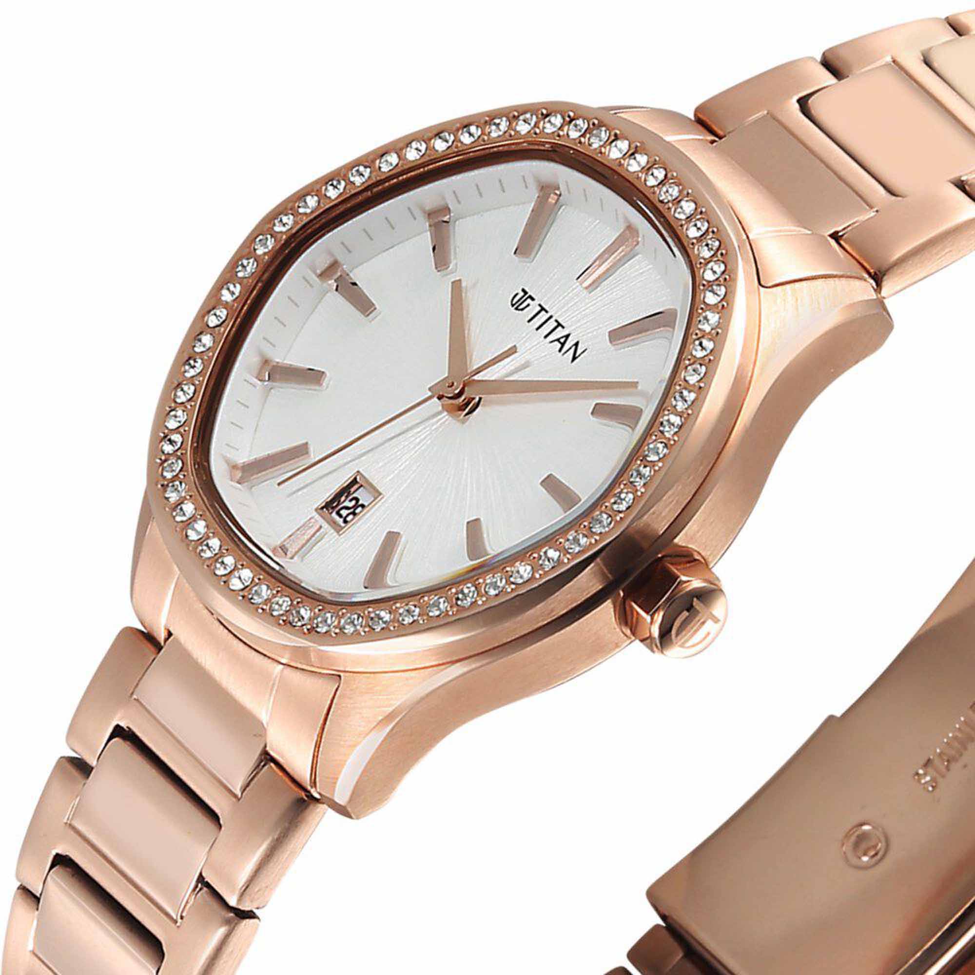 Titan Glamour Quartz Analog with Date Silver Dial Rose Gold Stainless Steel Strap Watch For Women - Image 4