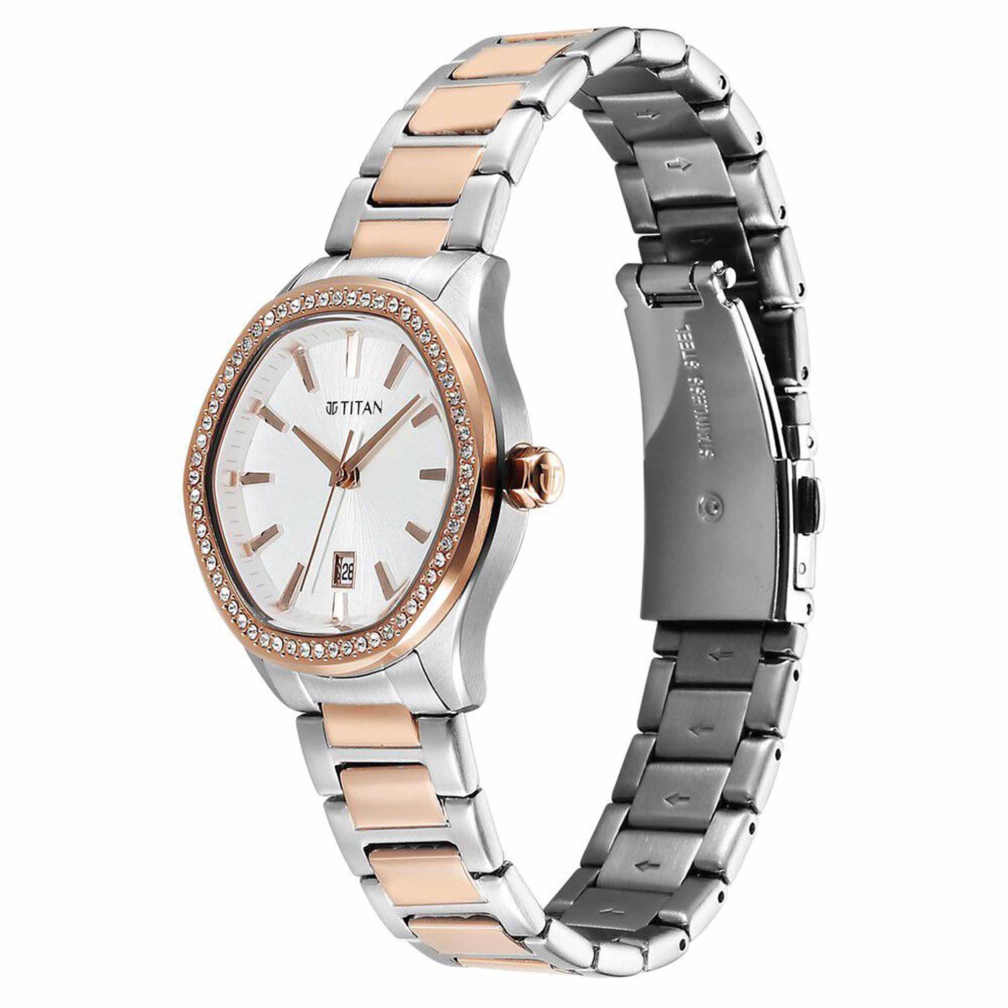 Titan Glamour Quartz Analog with Date Silver Dial Two Toned Stainless Steel Strap Watch For Women - Image 3