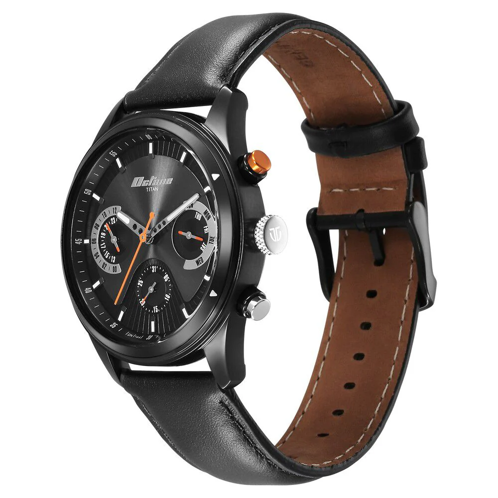 Titan Octane Quartz Multifunction Black Dial With Black Leather Strap Watch For Men - Image 3