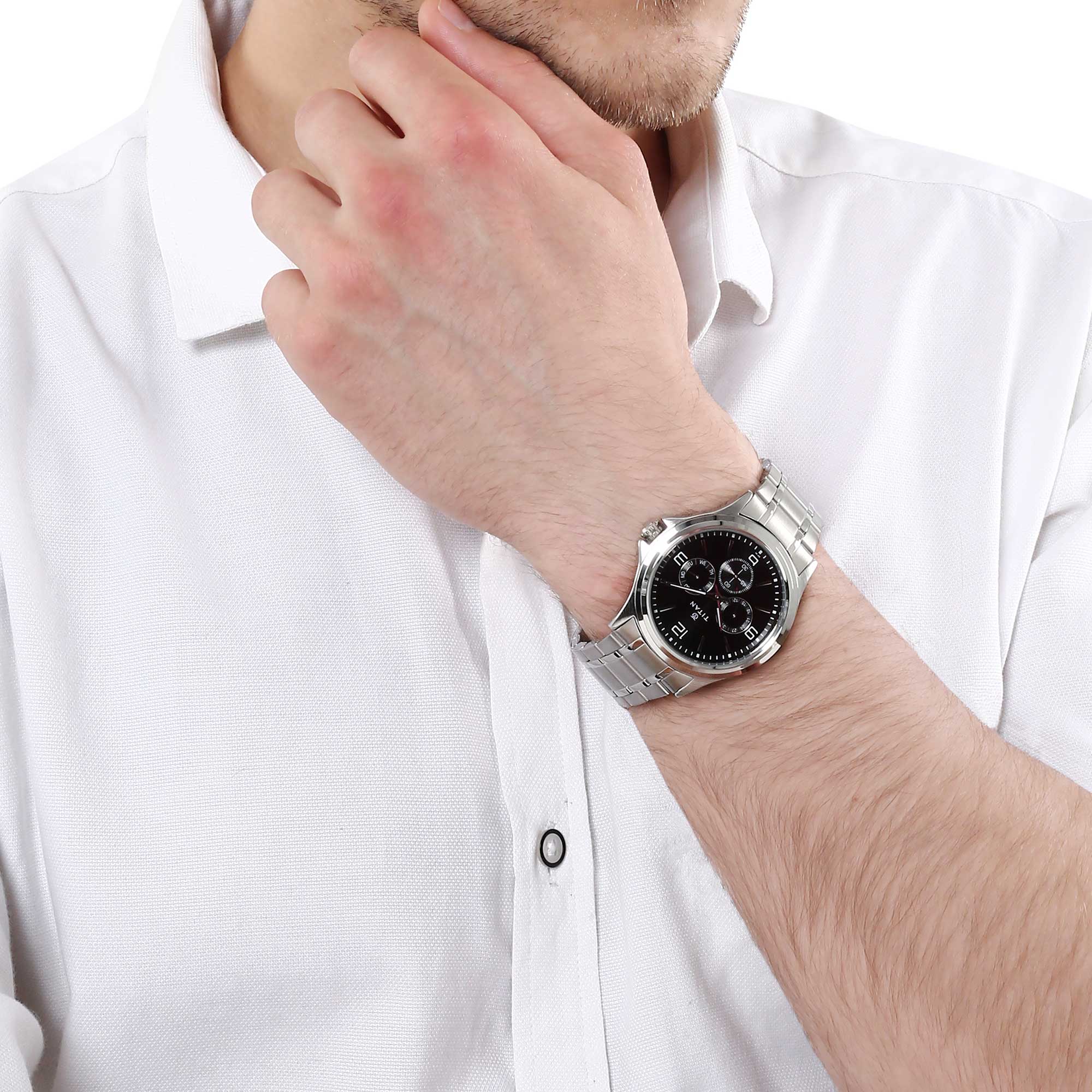 Titan Quartz Multifunction Black Dial Stainless Steel Strap Watch for Men - Image 6