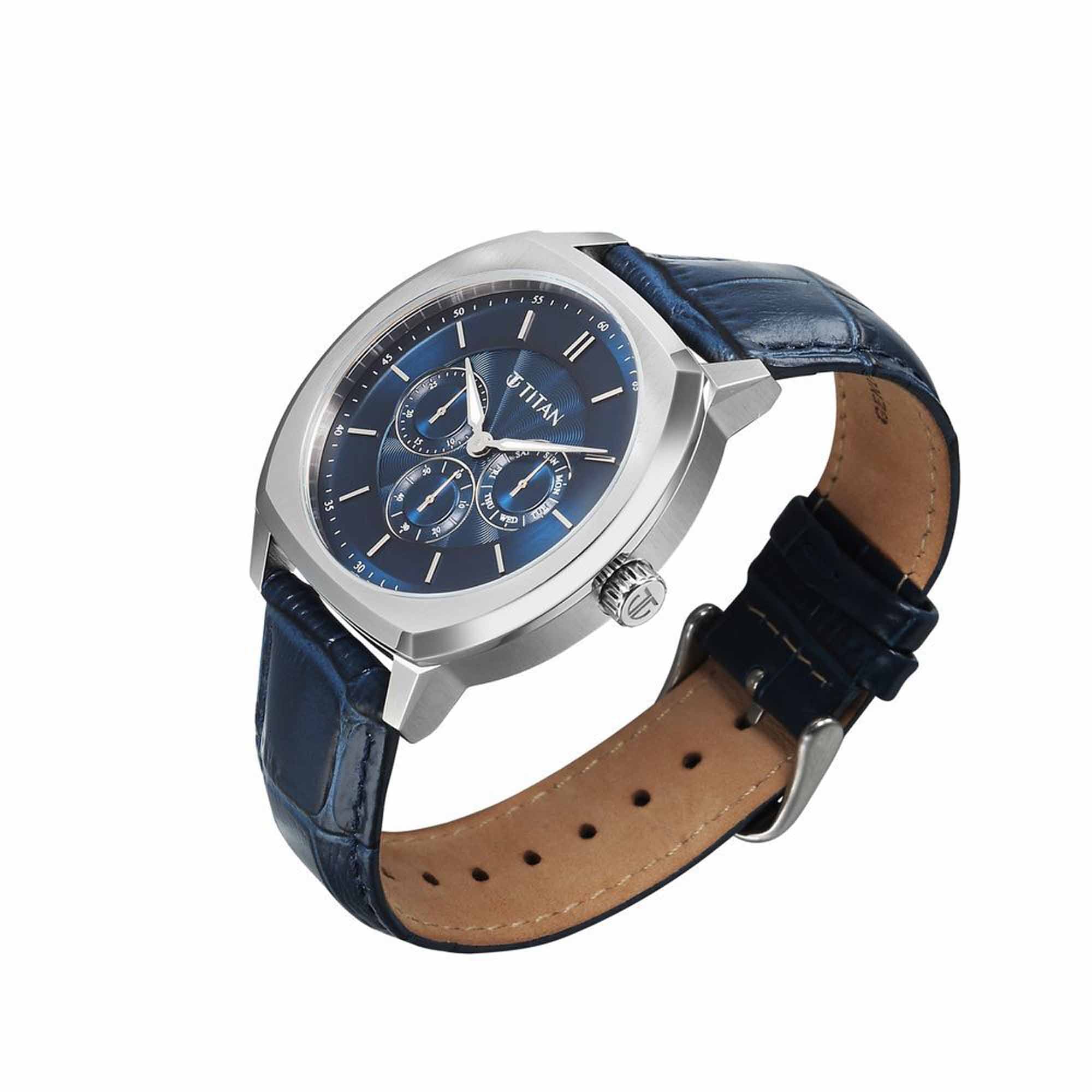 Titan Regalia Arc Analog with Day Date Second Subdial and Blue Dial Blue Leather Strap Watch for Men - Image 4
