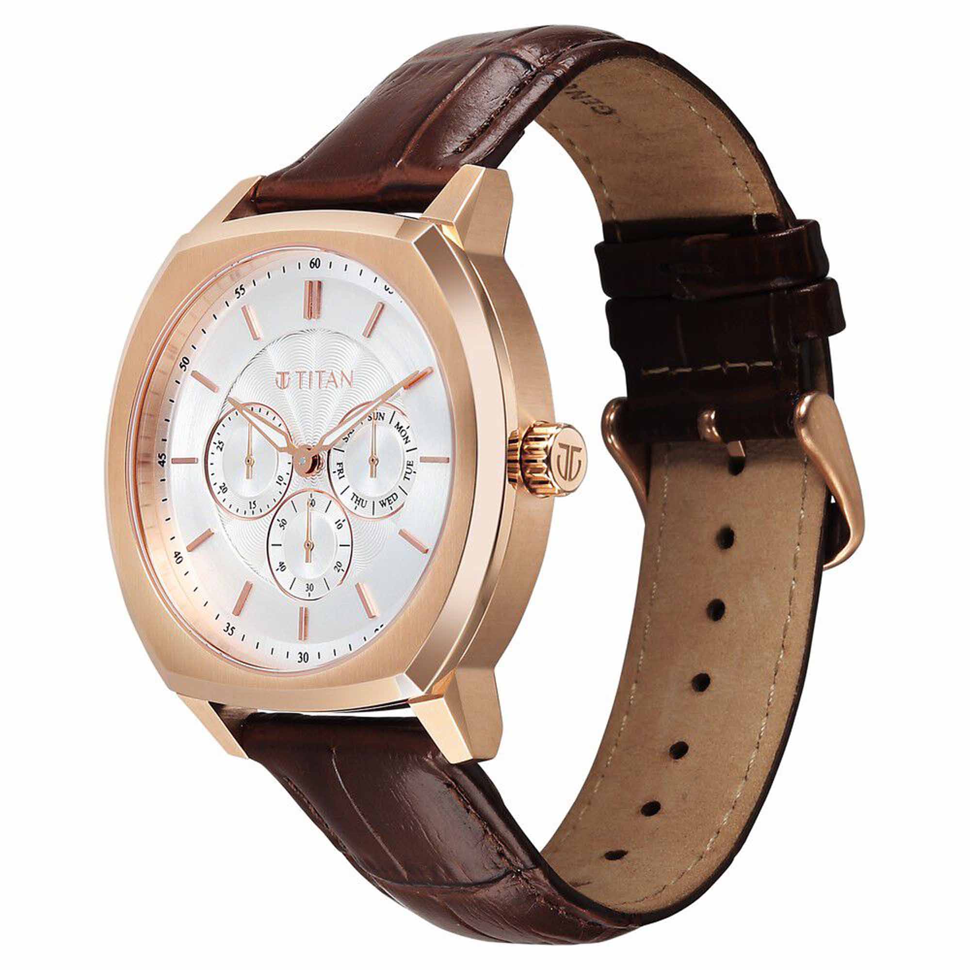 Titan Regalia Arc Analog with Day Date Second Subdial and Silver Dial Brown Leather Strap Watch for Men - Image 3