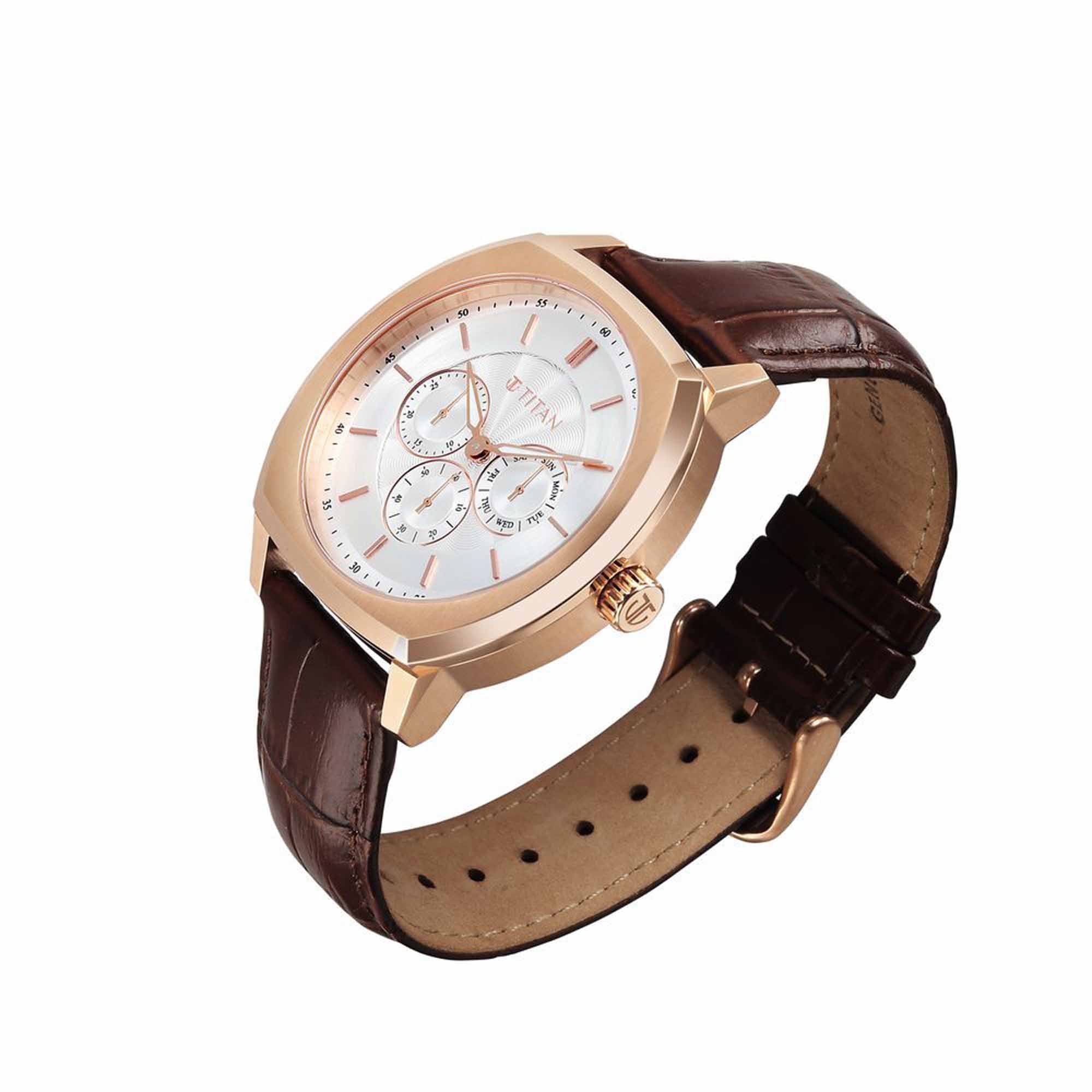 Titan Regalia Arc Analog with Day Date Second Subdial and Silver Dial Brown Leather Strap Watch for Men - Image 4