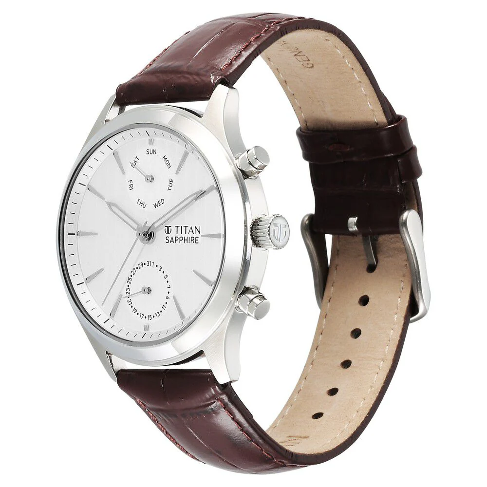 Titan Sapphire Multifunction Quartz Analog with Day and Date White Dial Leather Strap Watch for Men - Image 3