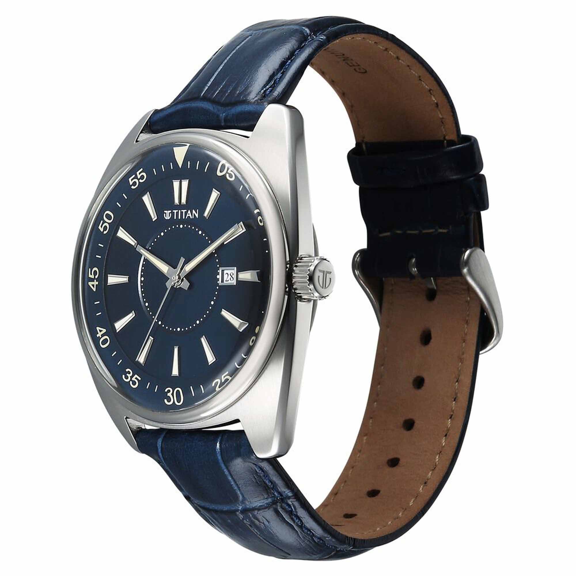 Titan Tonneau Analog with Date and Blue Dial Blue Leather Strap Watch for Men - Image 3