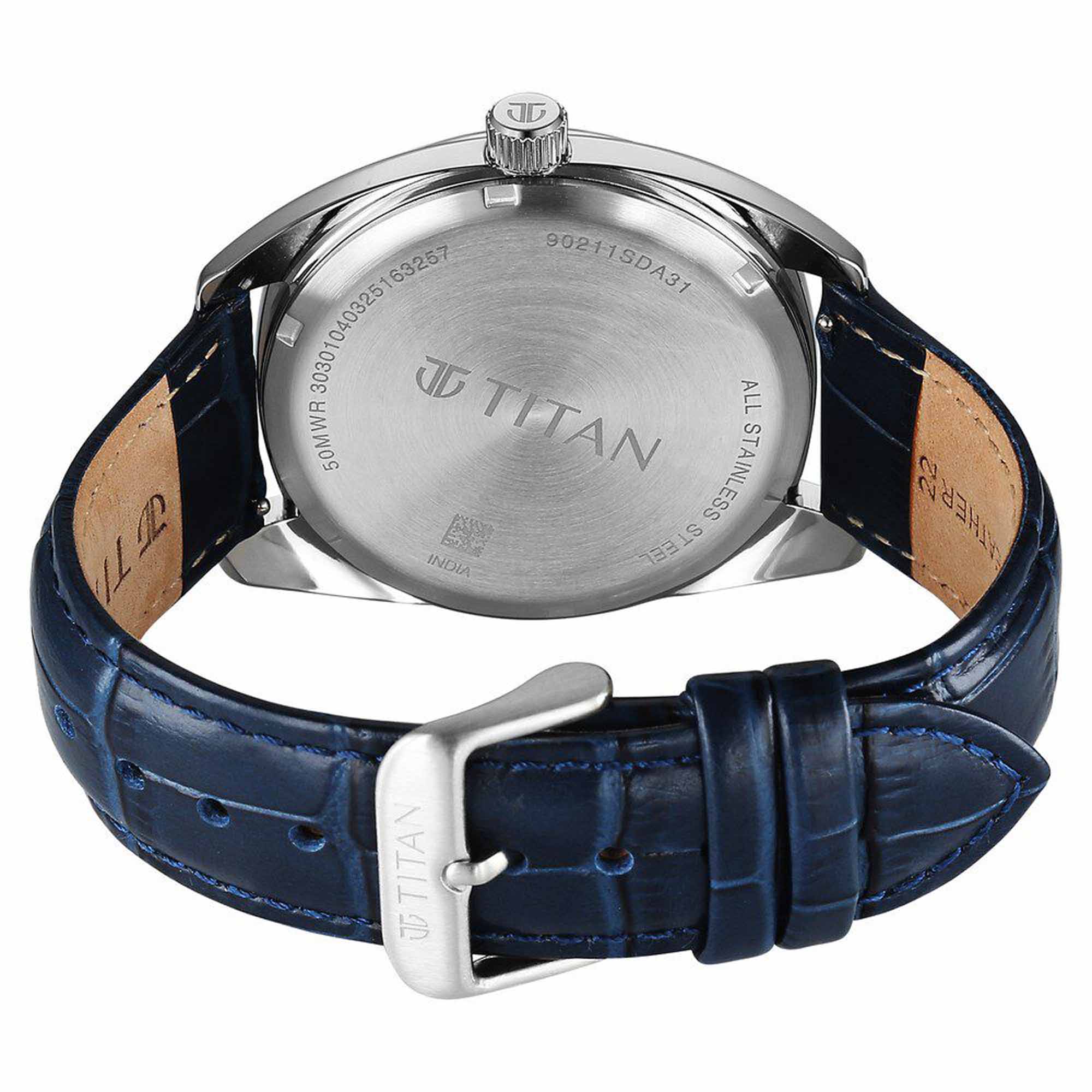 Titan Tonneau Analog with Date and Blue Dial Blue Leather Strap Watch for Men - Image 5
