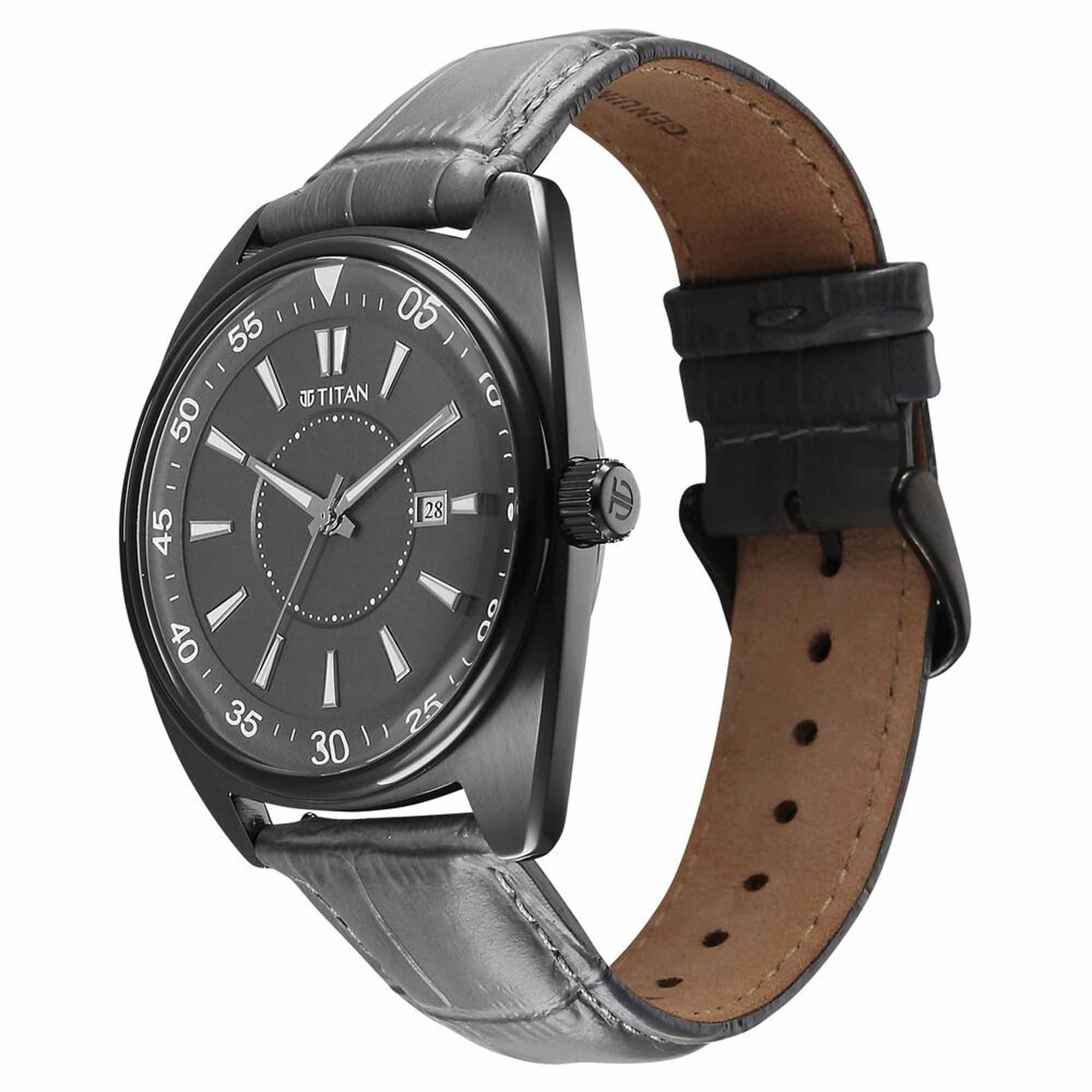 Titan Tonneau Analog with Date and Grey Dial Grey Leather Strap Watch for Men - Image 3