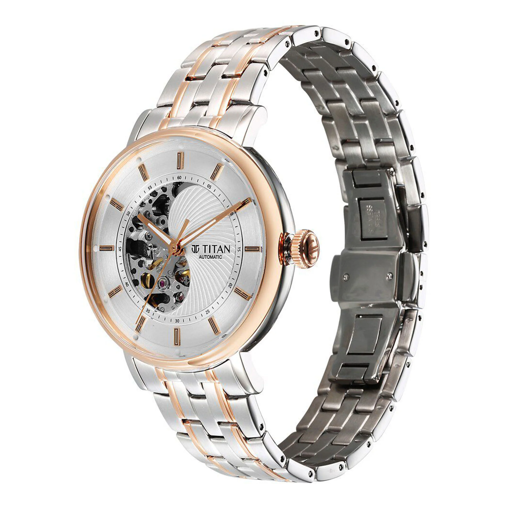 Titan Yin Yang Skeletal Automatic Analog with White Dial Silver and Rose Gold Stainless Steel Strap Watch for Men - Image 3